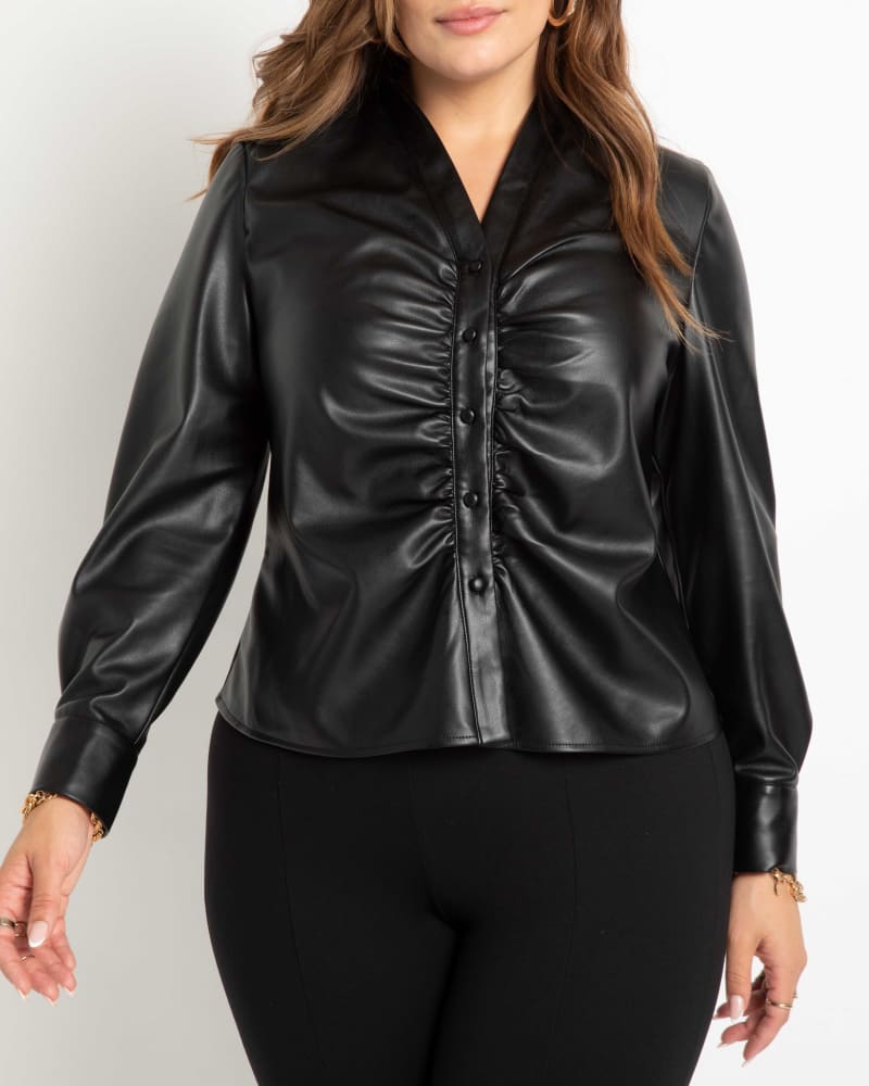 Front of a model wearing a size 14 Monica Shirred Leather Button Down in Totally Black by ELOQUII. | dia_product_style_image_id:236520